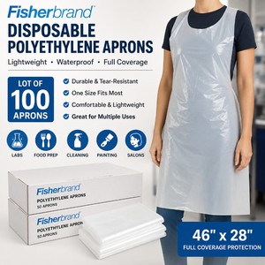 NEW Lot of 100 Fisherbrand Fisher Scientific Lightweight Polyethylene Disposable Aprons, 2 Boxes of 50, 46 x 28, Waterproof Plastic Protective Cover Aprons for Lab, Food Prep, Cleaning, Painting, Janitorial, Salon &amp Commercial Use