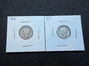 1916 Silver Mercury Dime and 1917 Silver Mercury Dime