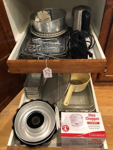 Glass and metal bakeware, serving trays, mini chopper, hand mixer and more 2 shelves of