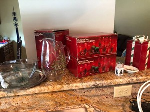 Christmas glassware, some Spode present cookie jar, metal tray, spoon rest