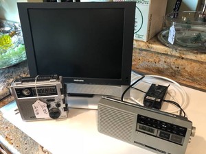 Magnavox table top TV, General Electric radio, L.L. Bean amfmtvweather receiver
