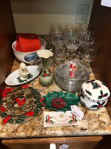 Christmas stemware, trivets, bowl, small plates, vase, Dept. 56 snowbunny