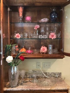 Assorted clear glassware - vases, candy dishes, pitchers, stemware, cake plate