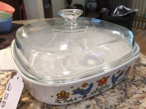 1975 Corning Ware casserole dish with Country Festival (blue birds or friendship) pattern