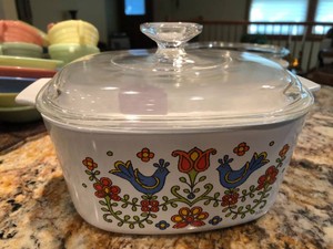 1975 Corning Ware casserole dish with Country Festival (blue birds or friendship) pattern