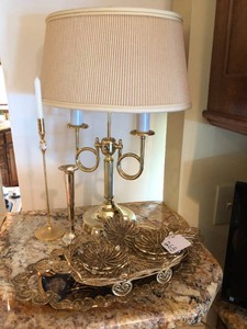 Brassmetal items- lamp, candle holders, trays