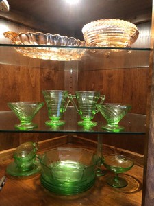 Pink and green depression glassware