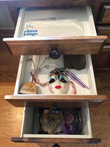 Music box, quartz trinket box, small mirrors, pins and more all in 3 drawers