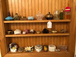 Trinket boxes and perfume bottles, lipstick holder, coin purse