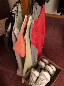 Womens assorted clothes, mostly size small, and shoes
