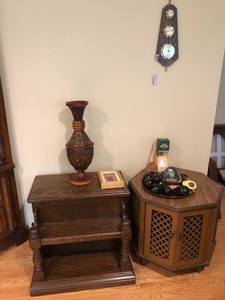 End tables, ceramic avocados, wooden vase, weather station