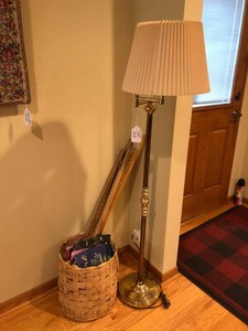 Floor lamp, advertising yard sticks, welcome flags and stand