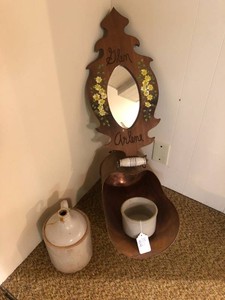 Crock jug, cheese crock, coal bucket, mirror