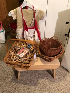 Clothespin holders, clothespins, baskets, small bench