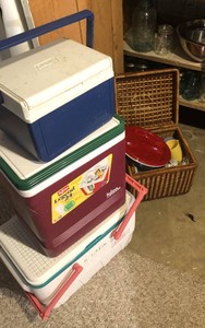Canning jars, coolers, stainless steel mixing bowls, picnic basket