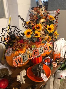 Fall and Halloween decorations, decorative turkey, Easter decorations, metal table