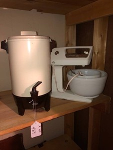 Hamilton Beach stand mixer with Pyrex bowls and Westbend coffee percolator