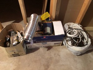 Extension cords, painting supplies, assorted hardware 2 boxes and bag of