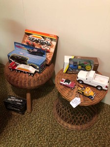 Wicker stool, table and toys - Tonka Toys (one packaged upside down), Ertl 132 scale tractor and truck