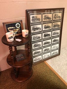Wood stand, mugs, clock and vintage car picture