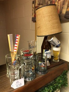 Bar items - Busch lamp (lights), shot glasses and mugs