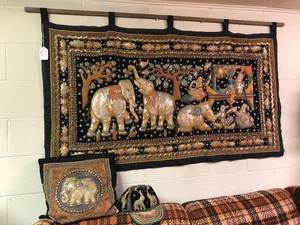 Elephant beaded tapestry, pillow and hat