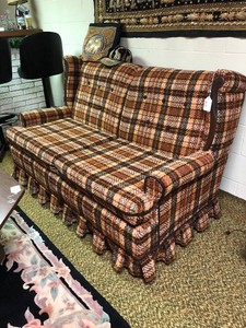 Plaid and wood loveseat matches 440