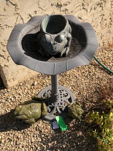 Ceramic frog, plastic bird bath , as is