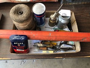 Vintage items fire extinguisher, hand tools and metal tins
