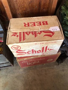 Old Milwaukee and Schell beer bottles, some broken