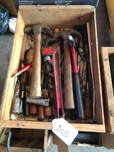 Wood box with hand tools