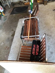 Matching chair and table with 2 small metal tables, 14 grill, wood chair and brooms