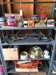 Shelf and contents electrical, bolts and screws, tire pump