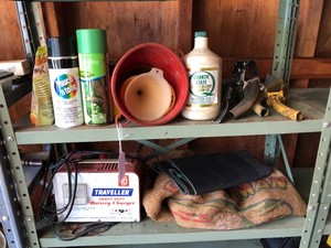 Battery charger, oil, funnels (2 shelves) including the metal shelf