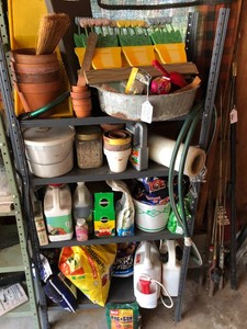 Shelf and contents flower pots, plant food, potting mix, bird seed and more