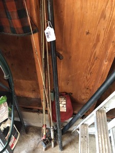 Fishing rods and reels, leather reel pouches, Langley fish scale