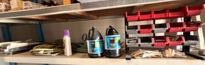 Misc. Shop Supplies, Parts Bins, Hoses &amp Containers  Bottom Shelf Contents