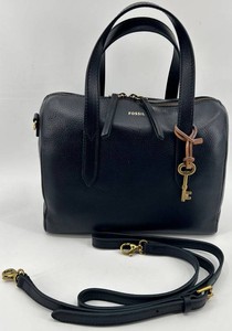 Fossil Leather Satchel Handbag With Detachable Shoulder Strap - Navy