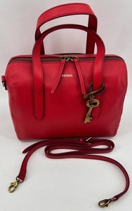 Fossil Leather Satchel Handbag With Detachable Shoulder Strap - Red