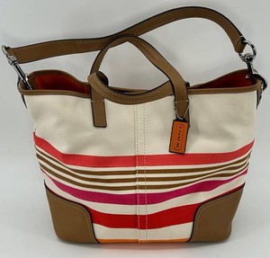 Coach Striped Canvas Tote Bag With Leather Trim - F30302