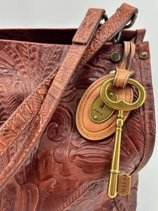 Fossil Embossed Floral Leather Tote Bag With Key Charm