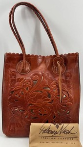 Patricia Nash Italian Tooled Leather Floral Cutout Tote Bag with Dust Bag - Brown