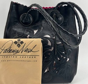 Patricia Nash Italian Tooled Leather Floral Cutout Tote Bag with Dust Bag - Black