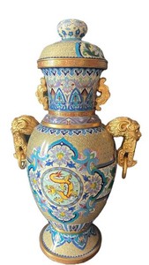 EA - Vintage Chinese Cloisonn Enamel Dragon Lidded Urn Vase