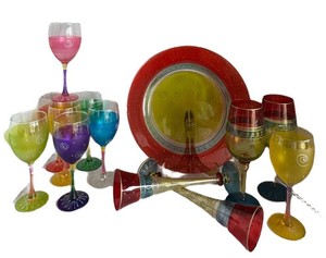 BP - Handblown Glass Goblets & Pier 1 Festive Stripe Plate Mixed Lot