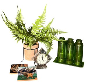 EA - Home Decor Mixed Lot - Cypress Clear Clock, Green Bottle Holder & Art Tiles