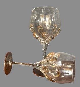 BP - Pair of Signed Ion Tamaian Hand-Blown Art Glass Wine Goblets - GoldAmber Stems