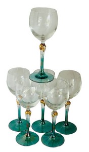 BP - Wine Glasses - Teal Stems & Gold Accents (Lot of 7)