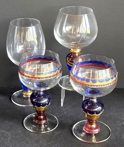BP - Decorative Wine Glasses - Manorisms Blue, Gold & Burgundy (Lot of 4)