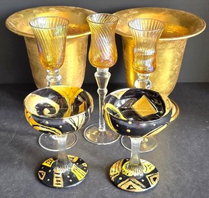 M - Decorative Glassware Mixed Lot - Gold Planters, Martini & Wine Glasses